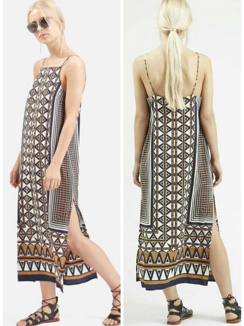 Topshop V-neck Tribal Pattern Midi Slip Dress Size 2 EUC Bloggers Fav